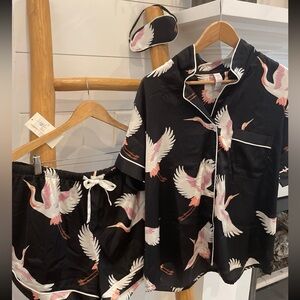 Stars Above Satin Pajama Set - Black Crane Print
